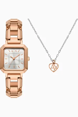 Armani Exchange Three-Hand Rose Gold-Tone Stainless Steel Watch and necklace set