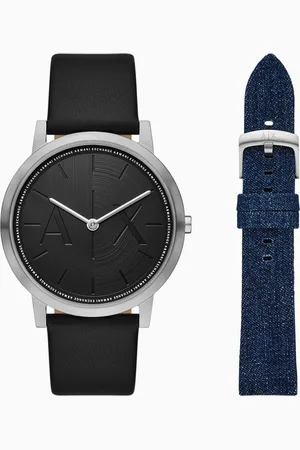 Armani Exchange Two-Hand Black Leather Watch and Denim Strap Set