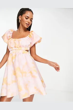 ASOS Bubble smock open back mini skater dress in tie dye print