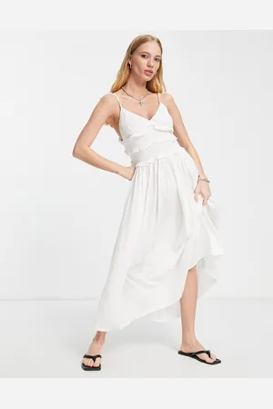 Topshop Shirred ruffle slip midi dress in ivory