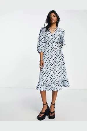 ONLY Puff sleeve wrap midi dress in spot