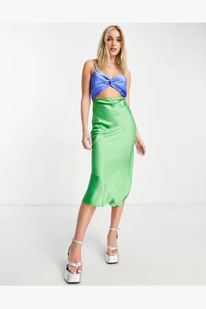 Miss Selfridge Satin cut out colourblock midi dress in green and blue