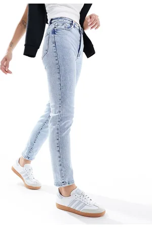 Stradivarius Cotton slim mom jean with stretch in washed - LBLUE