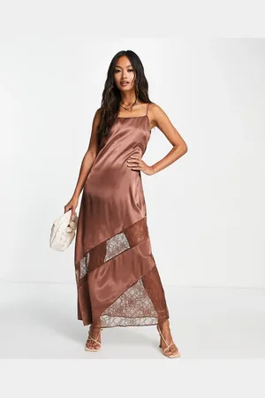 Topshop Lace insert midi slip dress in chocolate