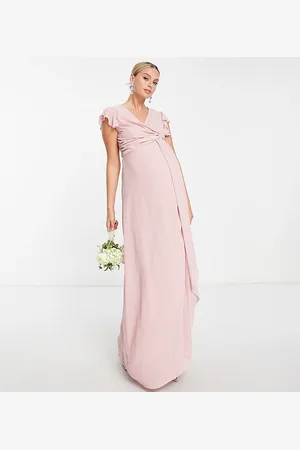 TFNC Bridesmaid flutter sleeve ruffle detail maxi dress in blush