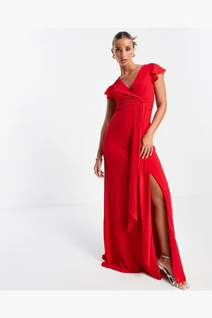 TFNC Bridesmaid flutter sleeve ruffle detail maxi dress in
