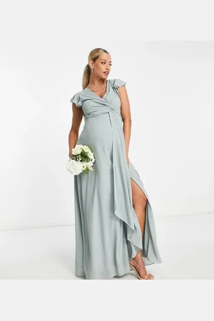 TFNC Bridesmaid flutter sleeve ruffle detail maxi dress in sage