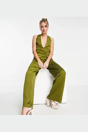In The Style X Yasmin Devonport exclusive plunge front wide leg jumpsuit in lime