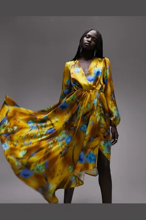 Topshop Blurred floral waterfall hem wrap midi occasion dress in green and blue