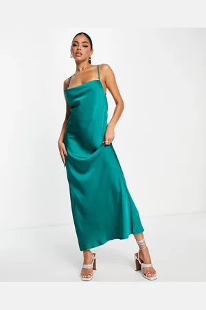 Kaiia Satin cowl front strappy back maxi dress in emerald