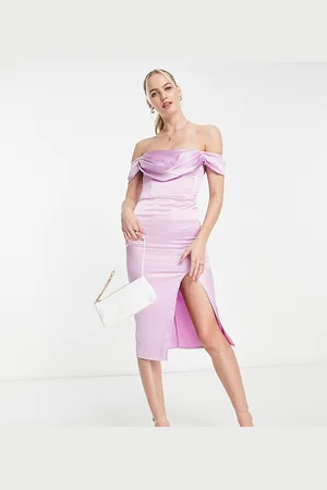 First Distraction The Label corset satin midi dress with split in