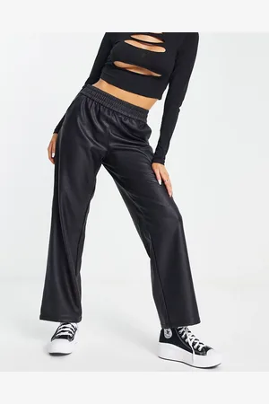 ONLY Faux leather elasticated waist straight leg trousers in