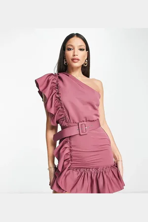 ASOS ASOS DESIGN Tall one shoulder detail belted frill mini dress in berry