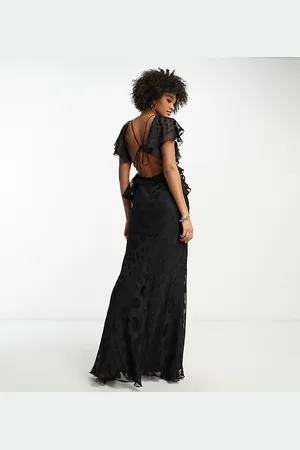 ASOS ASOS DESIGN Tall satin spot flutter sleeve maxi dress with open back in black