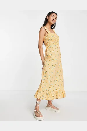 Y.A.S Y.A.S shirred midi dress with peach print in