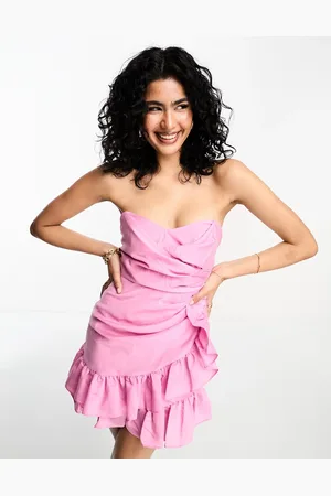 ASOS Pleated bandeau mini dress with ruffle detail in hot