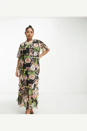 ASOS ASOS DESIGN Curve chiffon midi dress with frill hem in black based floral