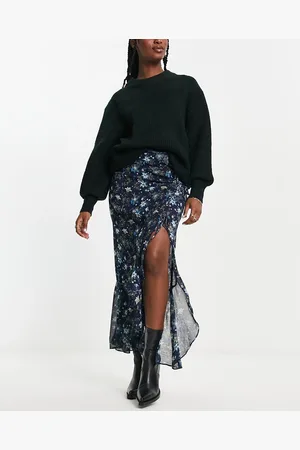Free People Tie-side detail floral print boho maxi skirt in ink blue