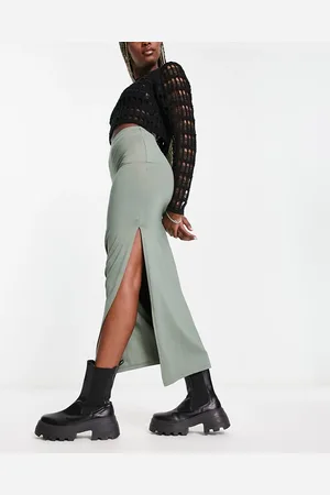 Bershka Ribbed midaxi skirt in khaki