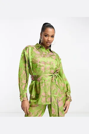 YAS Y.A.S Petite floral jacquard belted shirt co-ord in and pink