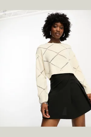 Noisy May Pointelle wide neck jumper in cream