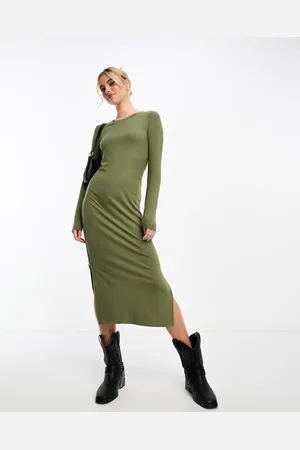Pieces® Scoop neck bodycon midi dress in khaki