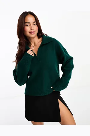 Monki Long sleeve collar knitted sweater in dark