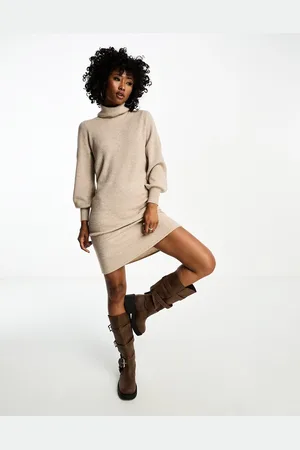 ONLY Roll neck puff sleeve knitted midi jumper dress in beige
