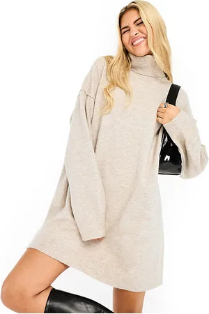 Weekday Annie wool blend roll neck mini knitted jumper dress in beige melange exclusive to ASOS