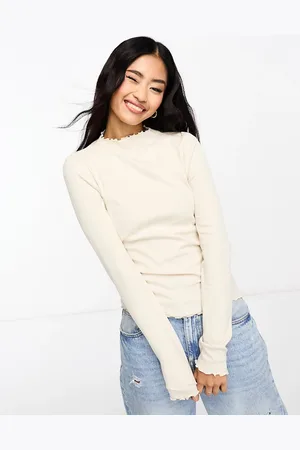 Monki Long sleeve lettuce edge high neck top in beige