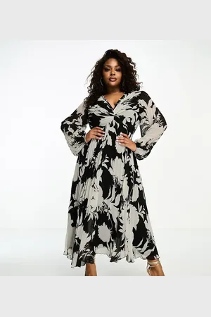 ASOS ASOS DESIGN Curve pleated bodice plunge neck midi dress in mono floral print