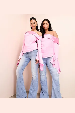 ASOS Curve off shoulder satin draped top with exaggerated sleeve in