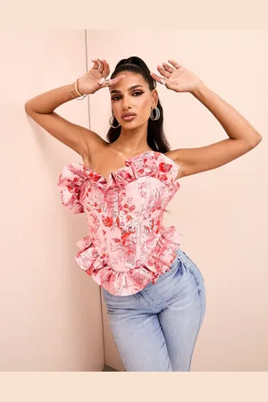 ASOS Jacqaurd corset ruffle bandeau top in and red floral print