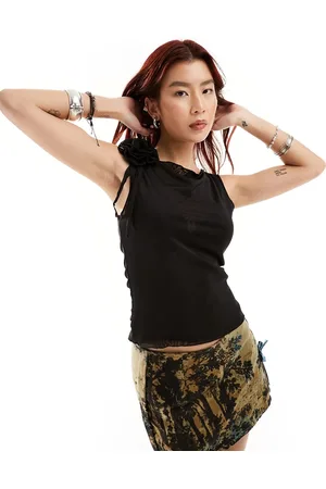 Noisy May Sheer mesh top with rose detail in
