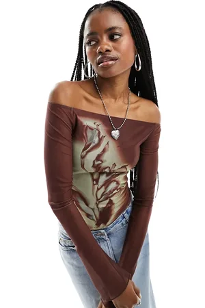 Motel Flower print mesh long sleeve off shoulder top in rust