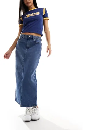 Noisy May Front split denim maxi skirt in mid wash