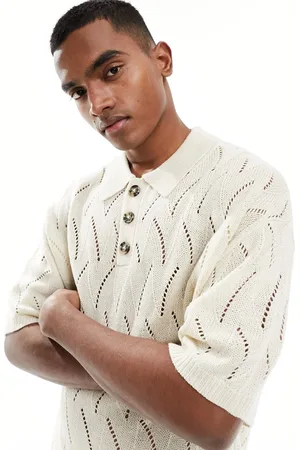 ASOS Oversized knitted pointelle polo in stone