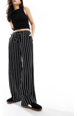 ASOS Wide leg pull on trouser with linen in black stripe