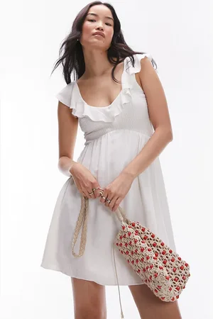 Topshop Textured mini shirred ruffle strap dress in ivory