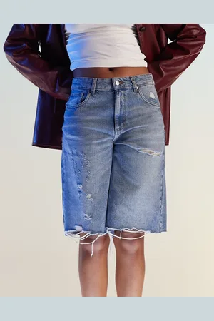 ASOS Baggy longline denim jorts with rips in bleach wash