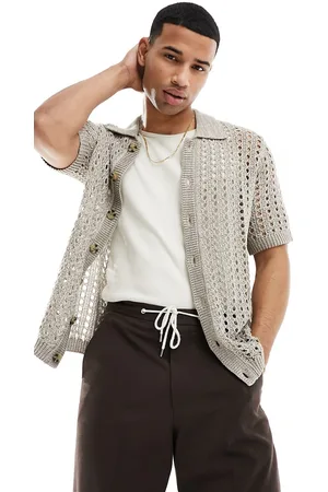 ASOS Relaxed knitted pointelle button through polo in stone