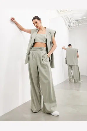 ASOS Ruched waistband super wide leg tailored trouser co-ord in dusky green