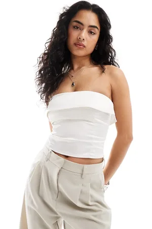 Bershka Satin fold over bandeau top in ecru