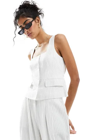 4th & Reckless Linen look square neck waistcoat co-ord in pinstripe