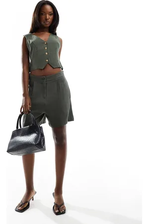 In The Style Linen tailored short co-ord in khaki