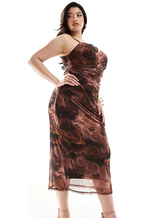 ASOS ASOS DESIGN Curve mesh one shoulder cami dress in brown swirl print