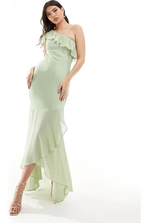 TFNC Bridesmaid satin one shoulder ruffle maxi dress in sage
