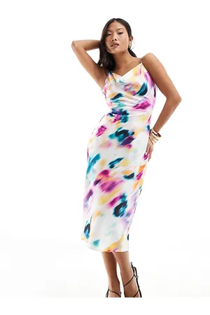VILA Satin tie back midi dress in graphic blur print