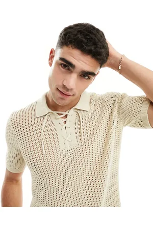 ASOS Lightweight knitted pointelle lace up polo in stone