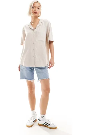 Weekday Mira linen mix short sleeve blouse in off